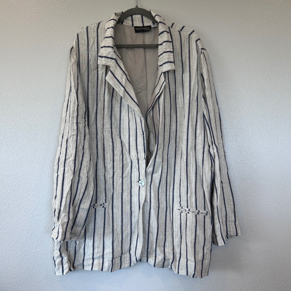 Requirements Woman Striped Linen Blend Blazer Beige Navy Blue Plus Size 26W USA